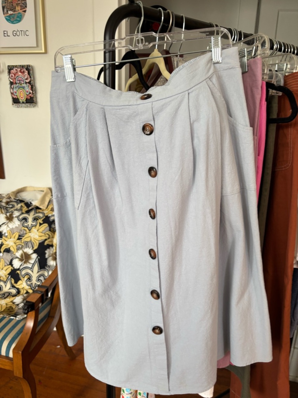 Light Blue Button-Front A-Line Women's Skirt